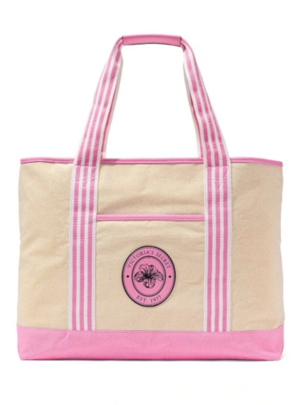 Victorias Secret Double Handle Canvas Tote  2026- Tan/White/Pink - NWT